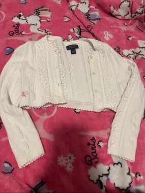 Polo by Ralph Lauren White Open-Knit Cardigan with Scalloped Trim